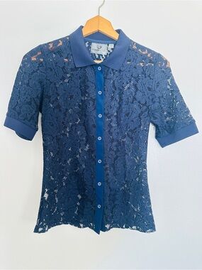Women's Foray Golf Navy Lace Short Sleeve Button-Up Tee Size S